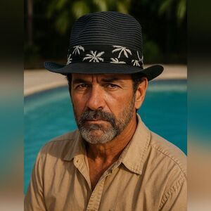 HBY Miami Hat Chic Straw Paper Hat Black Fedora Tan Palm Trees Small Coastal